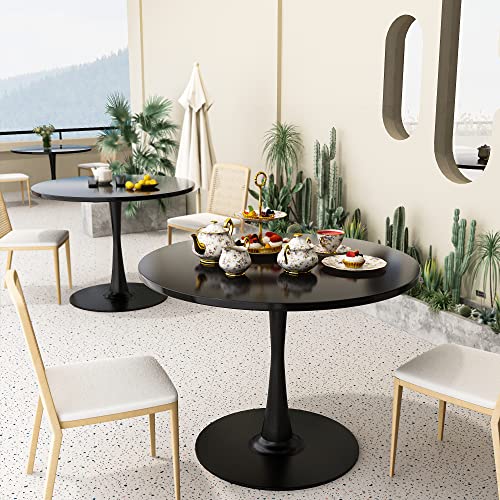 Recaceik Modern Round Dining Table, 31.5'' Tulip Table with MDF Table Top & Metal Pedestal Base for Dining Room Living Room Cafe, Kitchen Table w/ 0.71” Thickened Tabletop for 2-4 People, Black - color: Black