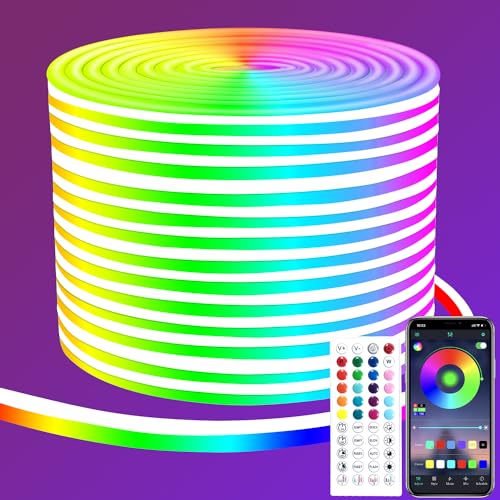 segrass 50ft RGB LED neon Rope Lights LED neon Lights with Remote Control/APP Control IP65 Waterproof Flexible Neon LED Strip Lights for Bedroom Room Outdoors Décor - size: 50ft