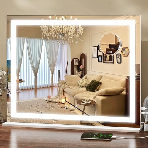ROLOVE 23x18 Inch Makeup Mirror with Lights, Detachable Magnifier | LED Vanity Mirror, 3 Color Modes, Stepless Dimming, Touch Control, Plug-In Power, Horizontal Wall Mount or Tabletop Use - color: White, size: 23"L x 18"W