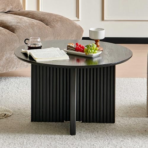 27" Round Coffee Table, Modern Coffee Tables with Fluted Base, Wooden Circle Accent Center Table for Living Room Small Space Apartment Office, Black - color: Black, size: 27" Cross-leg Table