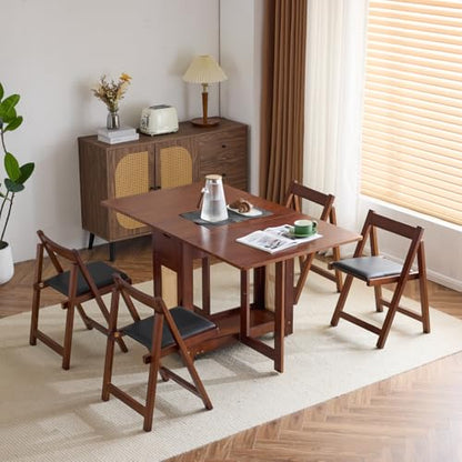 VINGLI Folding Dining Table Set Extendable Drop Leaf Solid Wood Foldable Table 5 Piece with 4 Chairs 2 Drawers and Wheels for Kitchen Space Saving,Walnut