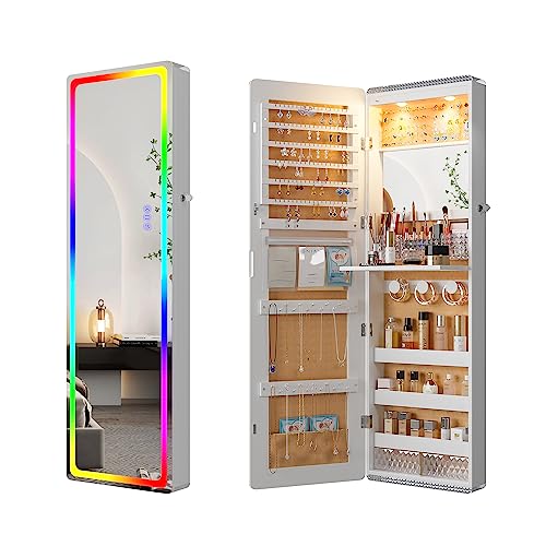 HNEBC Over the Door Jewelry Organizer with LED RGB Lights, 47.2" Full Length Mirror with Storage, Wall Mounted Jewelry Armoire, Hanging Mirror with 2 Drawers,Lokable,3 Shelves-White - color: A-White