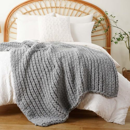 Chunky Knit Throw Blanket for Couch, Light Grey Throw Blanket 50"x60" | Knit Throw Blanket, Soft Thick Chunky Blanket, Hand Made Gray Knitted Throw Blanket for Bed Sofa Living Room - color: Light Grey