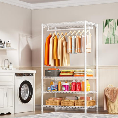 H4 Portable Closets, 4-Tier Metal Clothes Garment Rack for Bedroom and Cloakroom, Clothing Closet Storage and Organizer Wardrobe, 35.4" W x 14" D x 76.4" H, White | White Freestanding Clothing Closet Storage and Organizer Wardrobe for Apartment and Cloakr