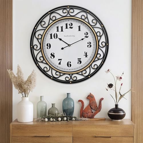 SwallowLiving 24 Inch Vintage Iron Metal Frame Wall Clock Silent, Battery Operated, Elegant Retro Decor for Living Room, Kitchen, Office, Dining Room, and Bedroom - color: Black, size: 24 Inch