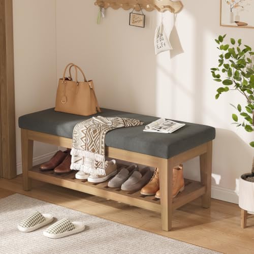 Apicizon 45" Shoe Rack Bench with Upholstered Cushion, Solid Rubberwood Entryway Shoe Bench, Modern Chenille Ottoman Bench with Storage for Hallway Bedroom Living Room Front Door Entrance, Dark Gray - color: Dark Gray