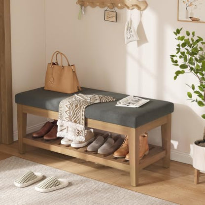 Apicizon 45" Shoe Rack Bench with Upholstered Cushion, Solid Rubberwood Entryway Shoe Bench, Modern Chenille Ottoman Bench with Storage for Hallway Bedroom Living Room Front Door Entrance, Dark Gray - color: Dark Gray