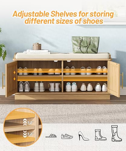 Akxomel Fluted Shoe Storage Bench with Cushion, 39.4" Entryway Bench with Adjustable Shelves and 2 Doors, Shoe Cabinet Bench with Curved Profile, for Hallway, Living Room, Bedroom, Natural Oak