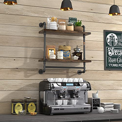 Helsin 24inch Industrial Pipe Shelving Bathroom Shelves Wall Mounted with Towel bar, 2 Tier Rustic Wood Floating Shelf, Metal Towel Rack Wall Shelf for Home & Bathroom (Brown, 24inch) - color: Brown, size: 24inch