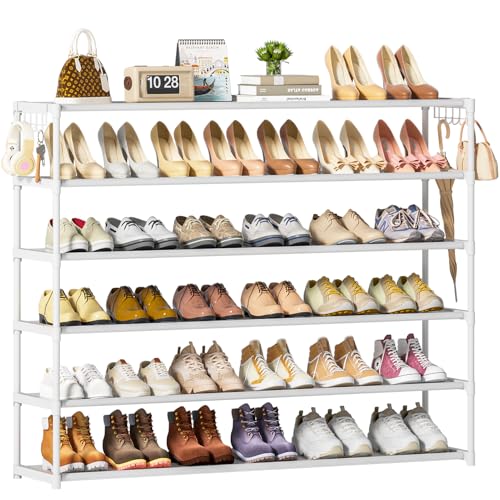 Extra Long Shoe Rack 6 Tier 39Pairs with 2 Hooks | Sturdy Wide Stackable Shoe Organizer for Closet, Entryway, Front Door Entrance, Durable Shoe Shelf Stand, Black Shoe Storage - color: White, size: 6Tier 40.95"H