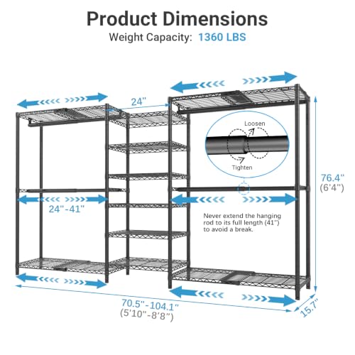 VIPEK X3 Plus Large Expandable Closet Rack Wardrobe Closet Organizer Black | Freestanding Clothes Racks with Adjustable Shelves and Hanger Rods from 5'10" to 8'8", Large Modular Closet Systems 1360LBS - color: Black, size: X3 Plus