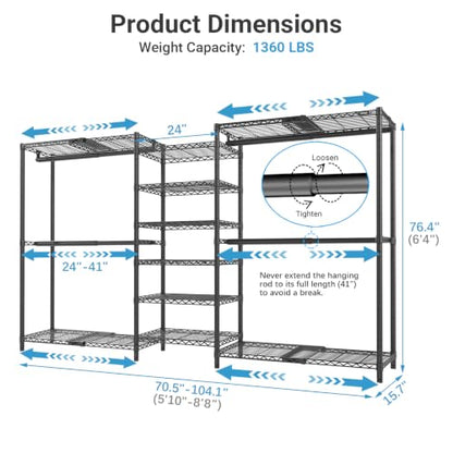 VIPEK X3 Plus Large Expandable Closet Rack Wardrobe Closet Organizer Black | Freestanding Clothes Racks with Adjustable Shelves and Hanger Rods from 5'10" to 8'8", Large Modular Closet Systems 1360LBS - color: Black, size: X3 Plus