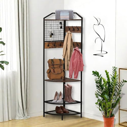 Corner Coat Rack, Coat Rack with Shoe Storage, Hall Tree with Bench and Shoe Storage, Freestanding Shelves with 14 Hook for Entryway, Hallway,Bedroom (Corner)