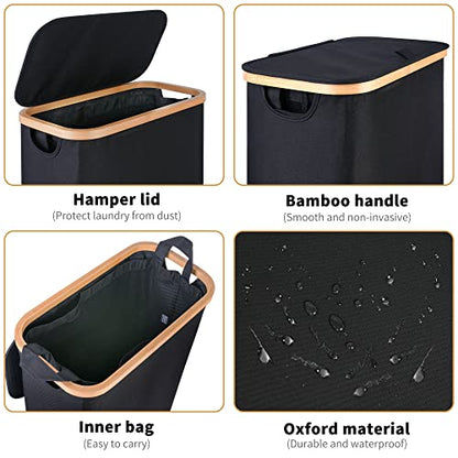 IEGrow Laundry Hamper with Lid,65L Laundry Basket with Mesh Bags,Black | Dirty Clothes Hamper Basket with Bamboo Handle for Clothes Towels - color: Black, size: 65L