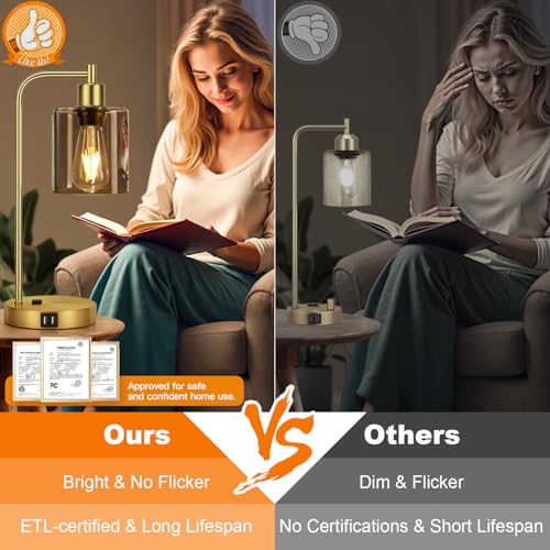 Set of 2 Industrial Touch Control Table Lamps with 2 USB Ports and AC Outlet - 3-Way Dimmable Gold Bedside Lamp Nightstand Desk Lamps for Bedroom Living Room, Amber Glass Shade & 2 LED Bulbs Included - color: Gold(2 pack)-Amber Glass-Touch Control