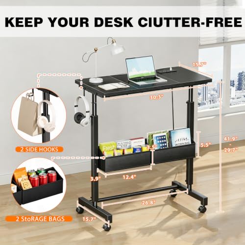 Small Mobile Standing Desk: 5-in-1 Charging Station - Power 5 Devices | Move & Charge in Any Room, Sit-Stand or Walk While Working, Store Supplies in Side Bags, Fits Small Spaces & Treadmills