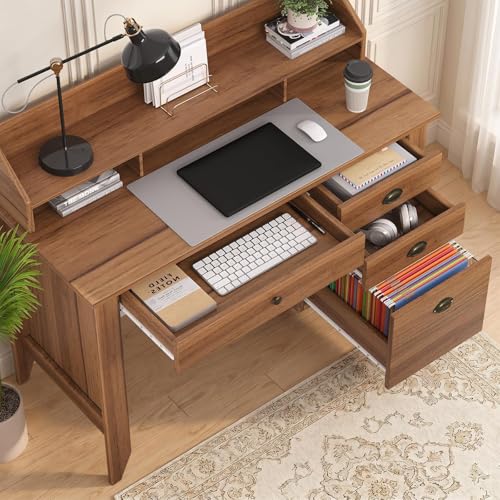 4 EVER WINNER Desk with Drawers, 47'' Small Desk with Monitor Stand and File Drawer, Computer Desk with Storage for Bedroom, Living Room, Small Spaces, Walnut - color: Brown