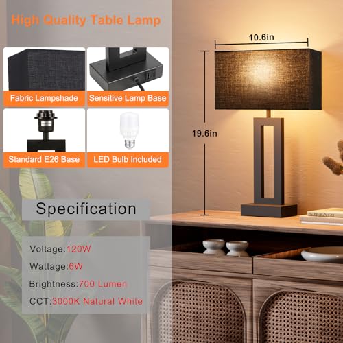 Seealle Nightstand Table Lamps for Bedrooms Set of 2 - Touch Bedside Lamp with USB C+A, 3 Way Dimmable Living Room End Tables 2, Modern Night Stand Bed Side Guest Room(Black) E. Black - color: E. Black&Black, size: Medium(19.6in)