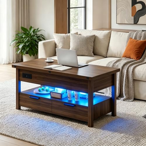 40" Lift Top Smart Coffee Table for Living Room | Power Outlets, LED Lights, Lifting Top, Storage Drawers & Compartments, for 4-6 People, Walnut - color: Walnut