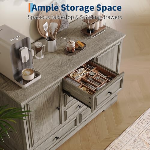 GarveeHome 47" Farmhouse Sideboard Buffet Cabinet, Sideboard Storage credenza with 5 Drawers and 2 Doors, Wood Coffee Bar Cabinet, Buffet Table for Dining Room Living Room, Grey - color: Grey