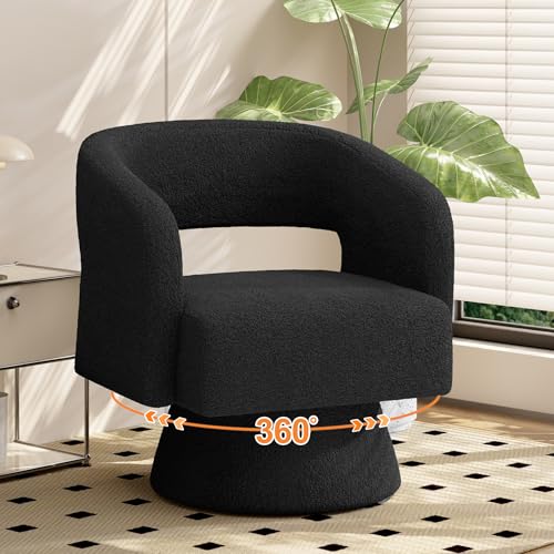 Luxanimarion Swivel Barrel Accent Chair,Oversized Teddy Upholstered Round Swivel Chair,Modern Luxury 360 Degree Living Room Vanity Chair for Bedroom Office,Black,1PCS - color: Black-teddy Fabric, size: Set of 1
