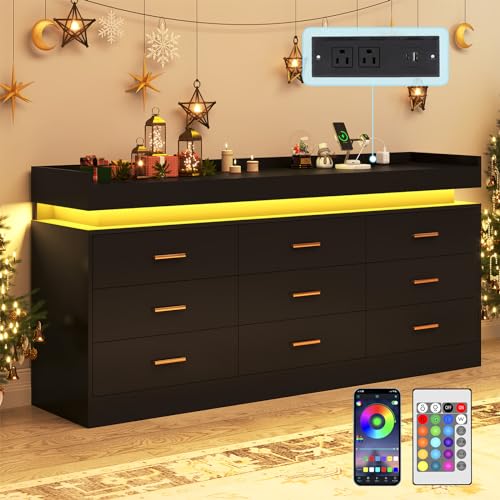jiteentarou 9 Drawer Dresser with Charging Station and LED Lights, Modern Chest of Drawers with Power Outlet, Organizer Cabinet for Bedroom, Living Room, Entryway, Black - color: Black, size: 15.7"D x 63"W x 31.5"H (9 Drawers)
