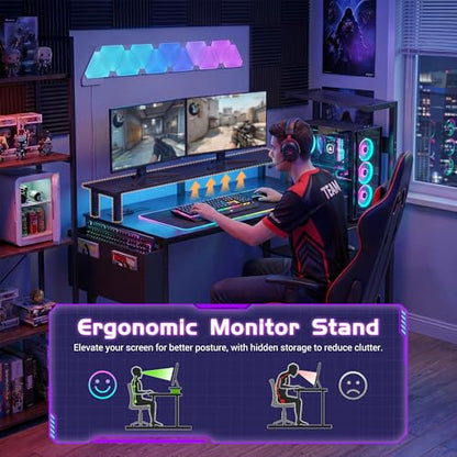 Gaming Desk 43 Inch Computer Table with Storage Shelves & Monitor Stand | LED Setup Style, PC Tower Stand, Reversible Workstation, USB Charging Port, for Home Office Desk, Bedroom, Dorm, Black - size: 43inch