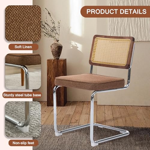 Rattan Dining Chairs Set of 6,Linen Cesca Chair Kitchen Chair,Coffee1 | VICBARLEY Mid Century Modern Dining Chairs,Wood Cane Backrest&Chrome Base,Upholstered Side Chair for Dining Room,Kitchen - color: Coffee1, size: Set of 6