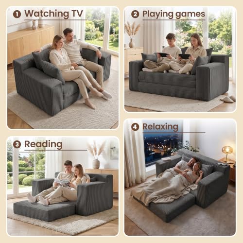 Boneless Mini Couch 53 Inch, 3-in-1 Gray Boneless Couches Covertible Sofa Bed with 4 Pillows, Small Couches for Living Room, Bedroom, Small Space - color: Grey, size: 53 Inch