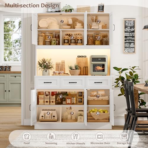 HOSTACK Kitchen Pantry Storage Cabinet, Tall Kitchen Hutch Cabinet, White | 47"W Food Pantry Cabinet with Smart LED / Charging Station / Countertop / 3 Large Drawers, 72"H Storage Hutch, Dining Room - color: White