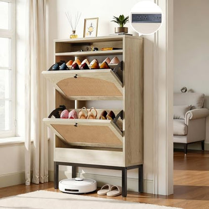 LUCKLIFE Shoe Cabinet with Charging Station, Flip Down Shoe Storage Organizer with Adjustable Shelves, Hidden Slim Shoe Rack with Anti-Tip Kit for Entryway or Hallway (Oak Rattan)