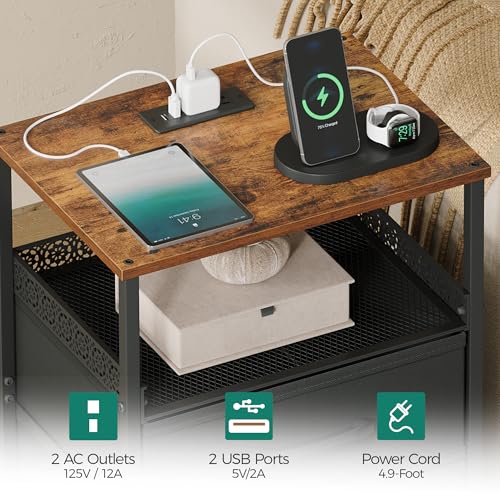 JARHETUN Night Stand Set 2 with Charging Station, 3 Drawer Nightstands with LED Lights, End Table with Outlets and USB Ports, Side Table with Open Shelf, Bedside Tables for Bedroom, Rustic Brown - color: Rustic Brown, style: Power & LED