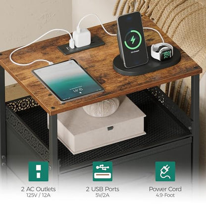 JARHETUN Night Stand Set 2 with Charging Station, 3 Drawer Nightstands with LED Lights, End Table with Outlets and USB Ports, Side Table with Open Shelf, Bedside Tables for Bedroom, Rustic Brown - color: Rustic Brown, style: Power & LED