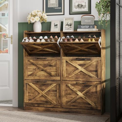 Maupvit Large Shoe Storage Cabinet with 6 Flip Drawers, Freestanding Shoe Organizer with Metal Handles for Entryway, Narrow Shoe Rack Cabinet, Rustic Brown - color: Rustic Brown, style: 6-Drawers