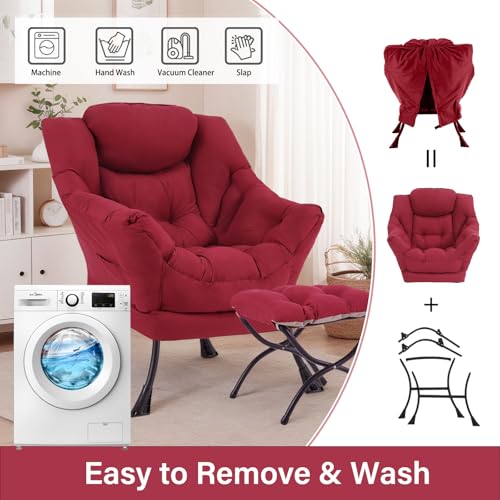 Lazy Chair with Ottoman, Soft Comfy Chair for Bedroom, Burgundy | Reading Accent Lounge Chair with folding Foot Stool for Living Room Dorm Apartment, sturdy metal frame - color: Burgundy