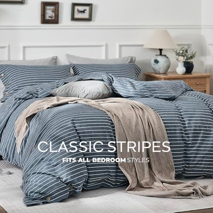 JELLYMONI Cotton Duvet Cover Oversized King Size - Blue Pinstriped Comforter Cover with Button 100% Washed Cotton 3PCS Breathable Soft Solid Bedding Set Duvet Cover 120×98in & 2 Pillowcases - color: 03- Blue Pinstripe, size: Oversized King(120"×98")