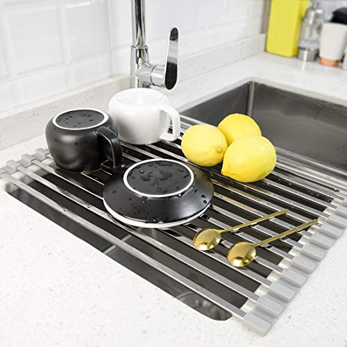 LUEXBOX Roll Up Dish Drying Rack, 17 inch Stainless Steel in Sink Dish Drying Rack, Multipurpose Foldable Kitchen Sink Rack Mat for Dishes, Cups, Fruits Vegetables, Multi-Use Drying, Draining - color: Silvery Grey