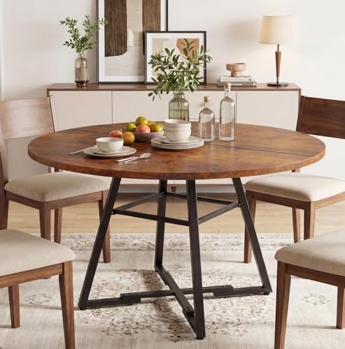Alpen 42" Round Dining Table for 4-6, Farmhouse Kitchen Table with Storage Shelf, Wood Circle Table with Pedestal Metal Frame, Small Space Table for Apartment, Dining Room, Vintage Brown - color: Rustic Brown, size: 42 Inches