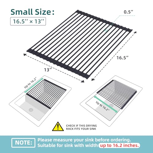 Ohuhu Roll Up Dish Racks, 16.5" L x 13" W Over The Sink Dish Drainer Drying Rack Kitchen Sink Organizer Silicone Wrapped Large in Sink Dish Drying Rack Foldable Rolling Drain Mats Anti-Slip - color: Black, size: 16.5"W x 13"L