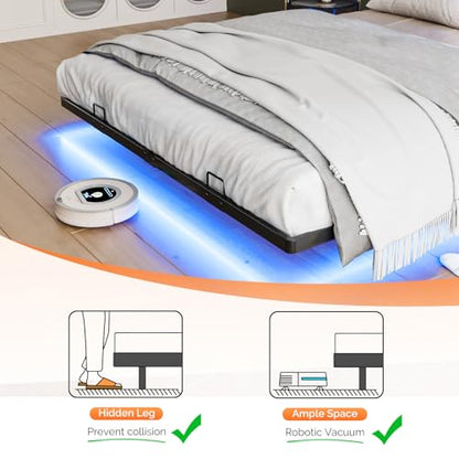 VINGLI Queen Size Floating Bed Frame with LED Lights and Charging Station, Cozy Hidden Storage Velvet Upholstered Bookcase Headboard,No Box Spring Needed,Easy Assembly,Black - color: Industrial Brown, size: Queen