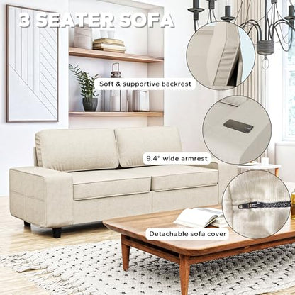 84" Loveseat Couch, 3 Seater Chenille Sofa with 4 Side Pockets, Removable and Washable Cushions, Mid Century Modern, Living Room, Apartment, Studio (Cream) - color: Cream Chenille, size: 84 "