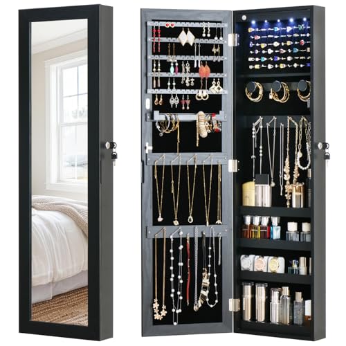 Full Length Mirror Jewelry Cabinet Organizer Lockable Door Wall-Mounted Jewelry Armoire with Shelves and Behind the Door Storage Black - color: Black, size: 43.3*12.4 Standard Mirror