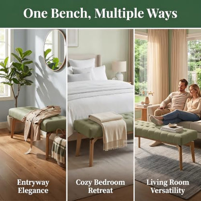 HNY Green Upholstered Bench,45.5 Wood Bedroom Bench,Ottoman | Entryway Bench Storage Bench Modern Tufted Floating Design Window Bench Seat for Living Room Indoor Hallway( Linen) - color: Green Linen