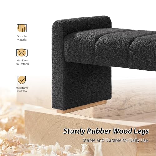 55" Upholstered End of Bed Bench with Rubber Wood Legs,Entryway Ottoman with Thick Padded Cushion for Bedroom and Living Room，Black - color: Black