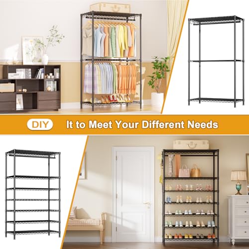E13 Max Heavy Duty Clothes Rack（With 4 Hanger Rods & 8 Shelves） Freestanding Clothing Racks for Hanging Clothes，Adjustable Closet，Metal Garment Rack 86" W x16 D x77 H，Max Load 1100LBS，Black - color: Black, size: E13 Max