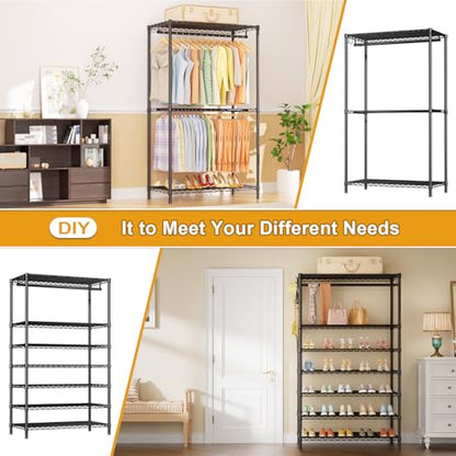 E13 Max Heavy Duty Clothes Rack（With 4 Hanger Rods & 8 Shelves） Freestanding Clothing Racks for Hanging Clothes，Adjustable Closet，Metal Garment Rack 86" W x16 D x77 H，Max Load 1100LBS，Black - color: Black, size: E13 Max