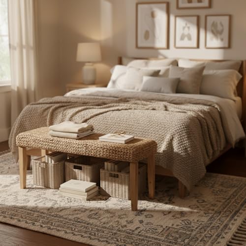 Solid Wood Acacia Indoor Bench, 47 Inch Water Hyacinth Seat, Fishbone Style | Natural Woven Seat, Living Room or Entryway, Bedroom End of Bed or Dining - color: Fishbone - Natural Leg & Water Hyacinth