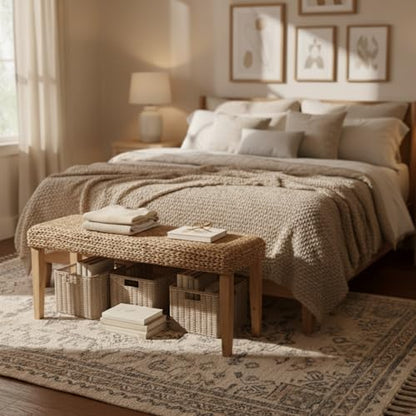 Solid Wood Acacia Indoor Bench, 47 Inch Water Hyacinth Seat, Fishbone Style | Natural Woven Seat, Living Room or Entryway, Bedroom End of Bed or Dining - color: Fishbone - Natural Leg & Water Hyacinth