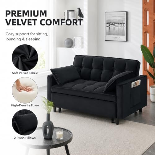3 In 1 Velvet Convertible Sofa Bed, Pull Out Couch Bed with Reclining Backrest And 2 Pillows, 54" Full Size Loveseat Sleeper Sofa Futon Couch Bed, Couches For Small Spaces, Living Room (Black) - color: Black