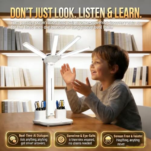 AI Smart Talking Desk Light with Clock,Interactive Talking Storyteller & Educational Companion, Adjustable Foldable Table Lamp with Pen Holder, 3 Brightness Levels, USB Charging Port